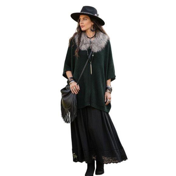 NWT Adrienne Landau Dark Green Real Fox Fur Collar Zipper Closure Knit Poncho OS - Picture 3 of 16